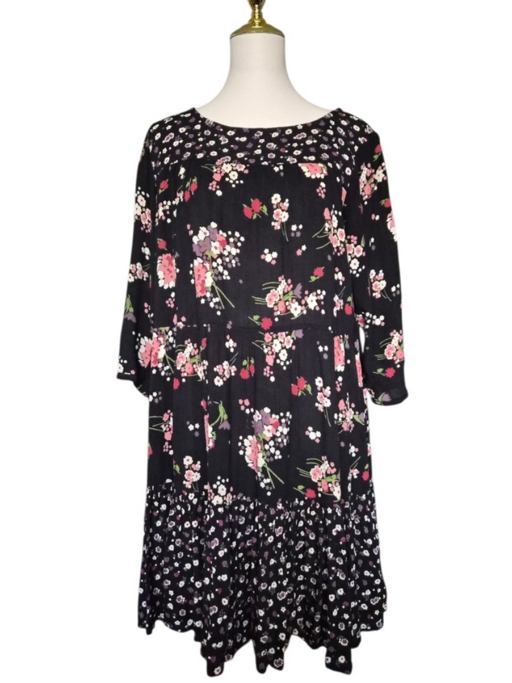 Fat Face Black Dress with Purple and White Floral Pattern